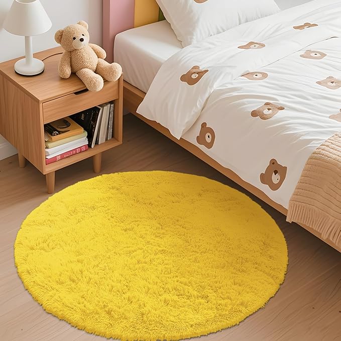 OLANLY Yellow Round Rugs for Bedroom - Machine Washable, 3 ft Circle Area Rugs for Living Room, Soft and Fluffy Shaggy Carpet for Teen Girl and Boys, Nursery Rooms, Dorms, Home Decor Aesthetic