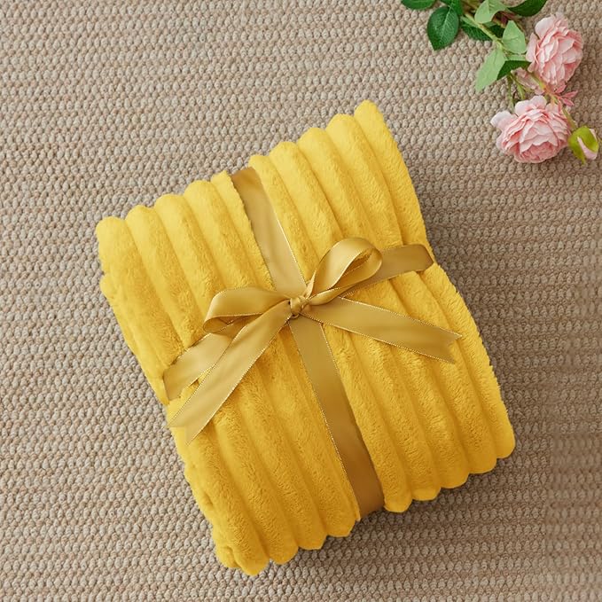 BEDELITE Fleece Throw Blanket for Couch - 300GSM Soft & Warm Fluffy Yellow Blanket, Decorative and Giftable Striped Blankets for Women, Men, 50"x60"