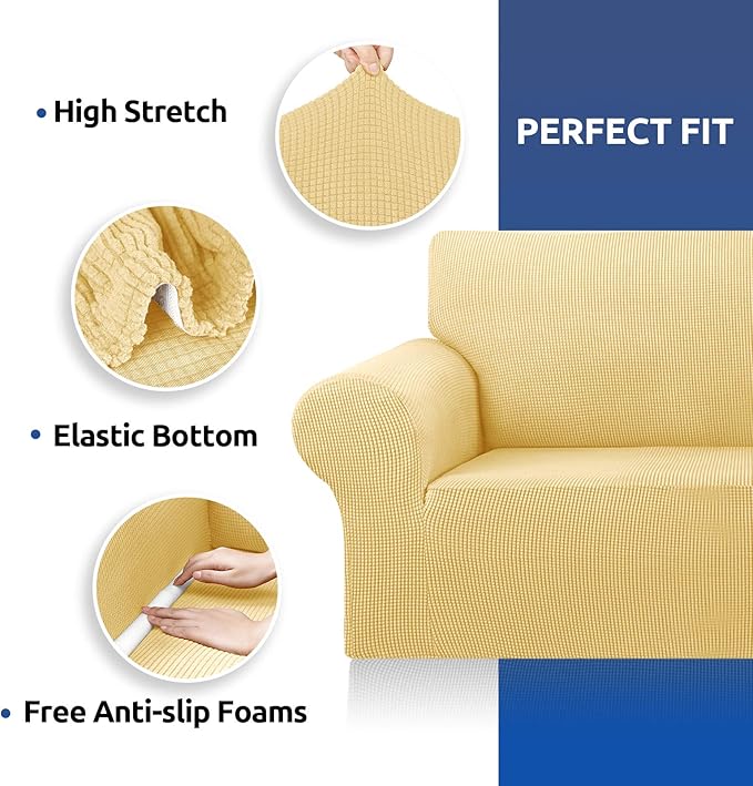KEKUOU Stretch Oversized Sofa Slipcover 1 Piece Couch Sofa Cover (94"-110") Furniture Protector 4 Seater Sofa with Elastic Bottom for Kids,Pet.Jacquard Checked Pattern Fabric(X Large,Champagne)
