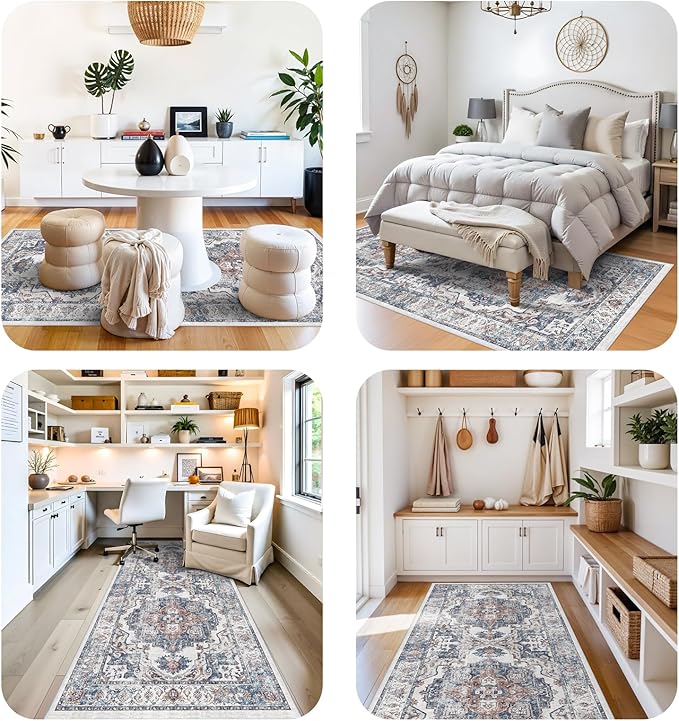 Washable 4x8 Hallway Area Rug: Vintage 8ft Water Resistant Soft Runner Rug for Entry Kitchen Non Slip Wide Low Pile Carpet for Living Room Bedroom Thin Floor Mat for Bathroom Dining Room(Brick,4x8)
