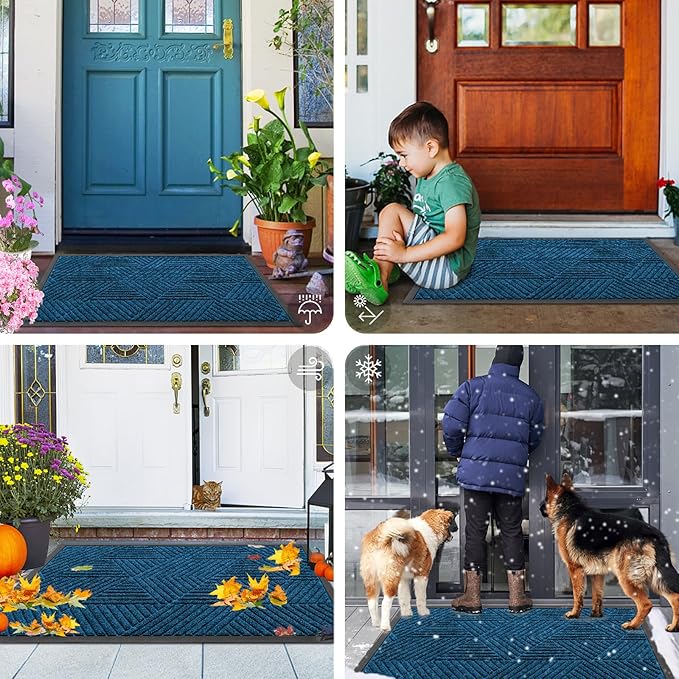 Smiry Front Door Mat Outside Entrance, Heavy Duty Sturdy Natural Rubber Doormat, Trap Dirt and Moisture, Easy Clean Low Profile Mats for Indoor Outdoor Entry, Irregular Triangle (47x32, Mixed Blue)