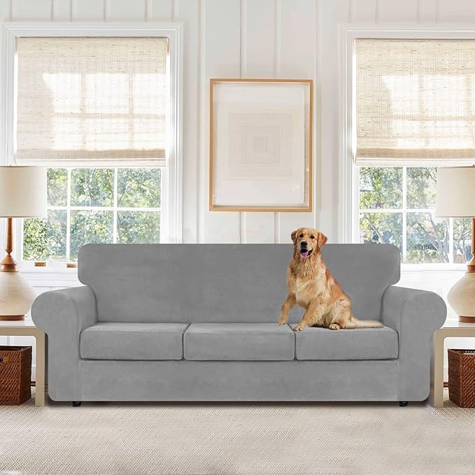 WEERRW 4 Pieces Velvet High Stretch Couch Covers for 3 Cushion Couch Sofa Slipcovers, Washable Furniture Protector with Non Slip Elastic Bottom, Feature Soft and Thick Plush Fabric, Silver Grey, Large