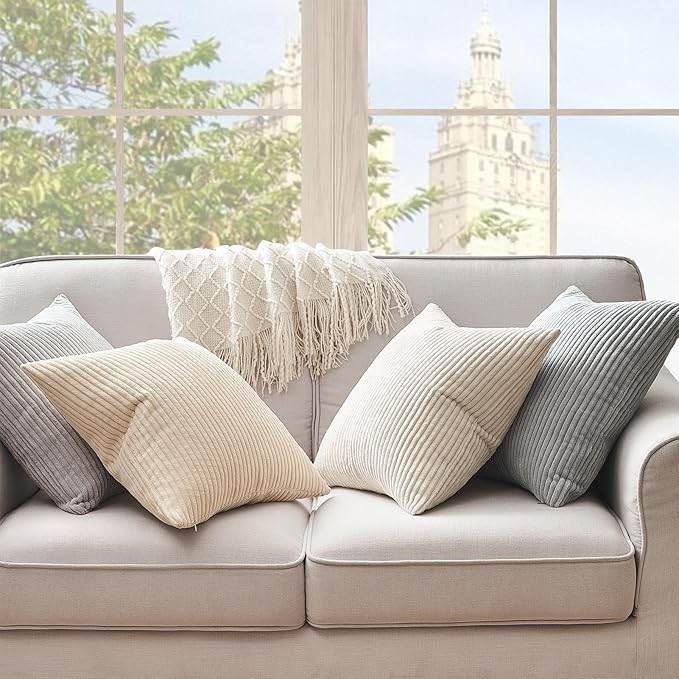 Topfinel 4 Packs Neutral Decorative Throw Pillows Covers 12x12 Inch for Living Room Couch Bed Sofa, Rustic Farmhouse Boho Neutral Home Decor, Soft Plush Striped Corduroy Square Cushion Case 30x30 cm