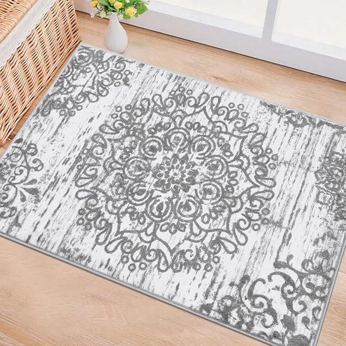 HEBE Washable Area Rug - 2'x3' Non Slip Soft Distressed Medallion Bedroom Boho Living Room Accent Throw Vintage Entry Floor Carpet for Dining Room Bathroom Entryway