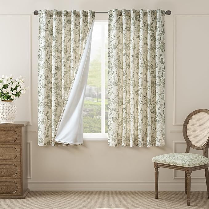 jinchan Lined Linen Floral Curtains for Living Room, 63 Inch Length Printed Flower Farmhouse Patterned French Country Back Tab Green Window Drapes Set Privacy Bedroom Curtains, 2 Panels