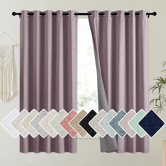 NICETOWN Chaise Mauve Vintage Linen 100% Blackout Curtains for Kitchen, Thermal Insulated Curtains 63" Long, Noise Reducing Window Treatment Drapes for Dorm Room, 62" Wide Per Panel, Set of 2