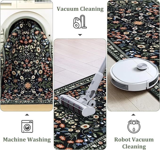 Yamaziot Washable Runner Rug 2x8 – Boho Non Slip Floral Hallway Runner Rug with Rubber Backing, Low Pile Distressed Carpet for Kitchen, Laundry, Bedroom, Entrance, Colorful Black