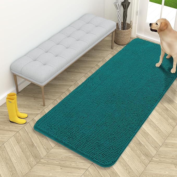 OLANLY Dog Door Mat for Muddy Paws 54x24, Absorbs Moisture and Dirt, Absorbent Non-Slip Washable Doormat, Quick Dry Chenille Mud Mat for Dogs, Entry Indoor Entryway Carpet for Inside Floor, Lake Blue