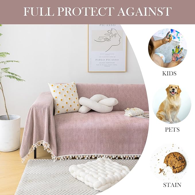 HANDONTIME Soild Couch Covers for Dogs Pink-Purple Sofa Covers Boho Cover for Sofa 3 Seats Chenille Sofa Throw Cover Mauve Sofa Covers for 3 Cushion Couch Tassel, Washable, Pet Friendly, 71" X134"