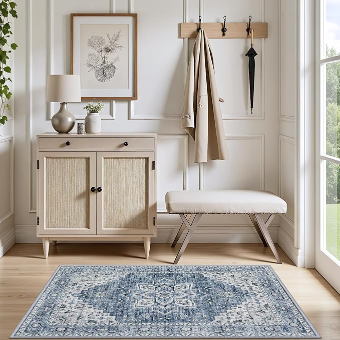 2x3 Area Rugs Living Room Rug: Washable Vintage Boho Medallion Rug No Slip Stain Resistant Soft Carpet Indoor Floor Large Carpets for Bedroom Dining Room Farmhouse Nursery Hallway Home Office Blue
