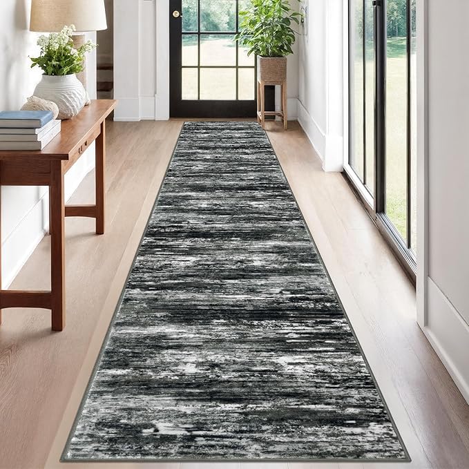 KOZYFLY Modern Abstract Runners for Hallways 2x12 Washable Rug Runner Non-Slip Soft Striped Kitchen Runner Rug, Black Grey Print Carpet Runner for Entryway Bathroom Laundry Room Foyer