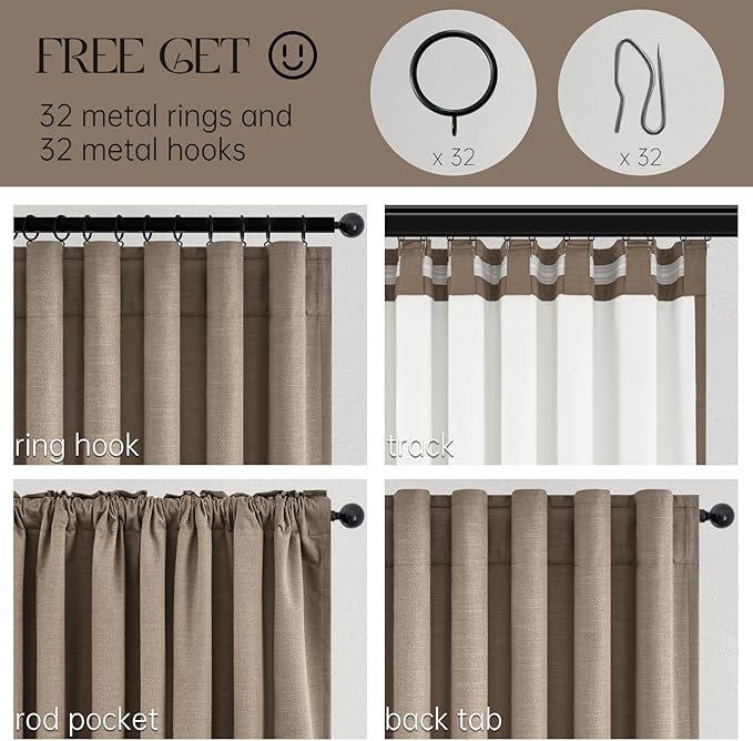 Topfinel 95 inch Bedroom Curtains 2 Panels 100% Blackout Linen Texture Curtain Taupe Vintage Farmhouse Window Drapes with Back Tab Rod Pocket Light Blocking Thermal Insulated Curtains 95 inches Long