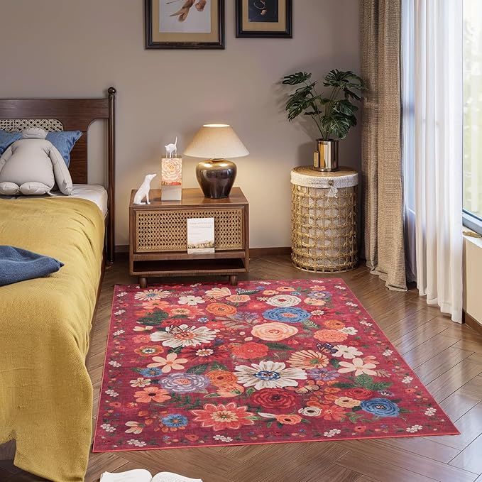 Area Rug 4x6 Rug Washable Boho Rugs Non Slip Low Pile Floral Small Carpet for Bedroom, Bedside, Kids Room, Office, Dining Room(Red Garden, 4 x 6)