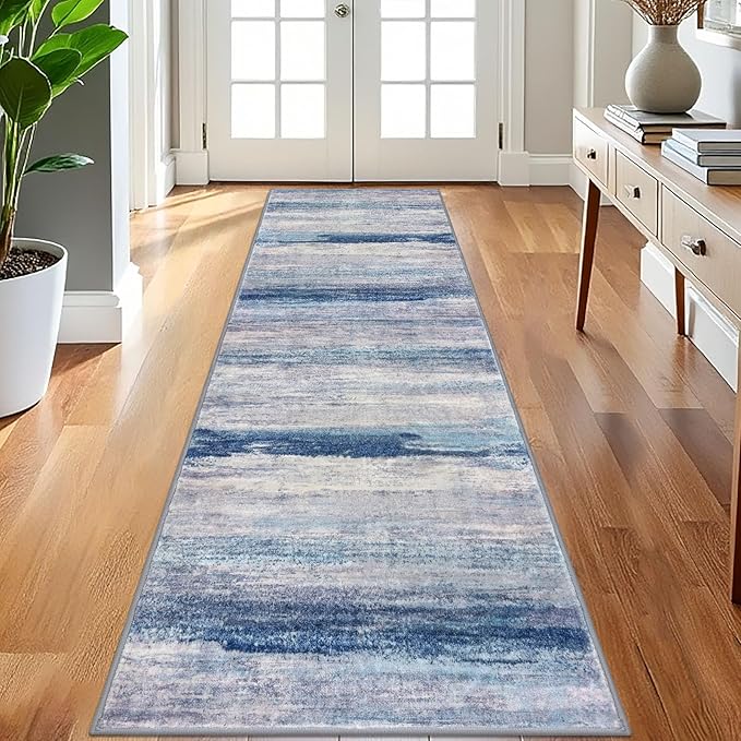 KOZYFLY 3x8 Ft Rug Modern Ombre Runner Rug for Hallway, Washable Kitchen Rugs Non-Slip Soft Striped Entryway Rug, Print Blue/Grey/Beige Abstract Carpet for Laundry Nursery