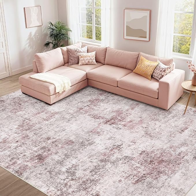 UERMEI 6x9 Area Rug Living Room Rugs - Washable Neutral Modern Abstract Soft Thin Large Rug Indoor Floor No Slip Rug Carpet for Bedroom Under Dining Table Home Office Decor - Pink