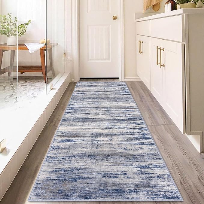 KOZYFLY 3x8 Ft Rug Modern Ombre Runner Rug for Hallway, Washable Kitchen Rugs Non-Slip Soft Striped Entryway Rug, Print Grey-Blue Abstract Carpet for Laundry Nursery