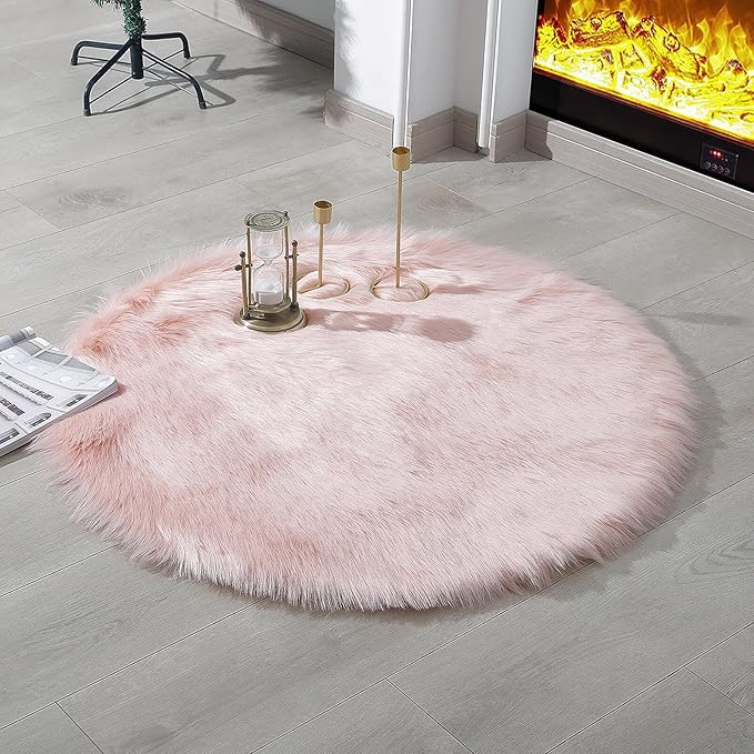 linmopm Faux Fur Rug Sheepskin Shag Fluffy Fuzzy Pink 3x3 ft Rugs for Bedroom Bedside Bed Floor Living Room Plush Round High-Density Cushion Carpet Super Sofa Cover
