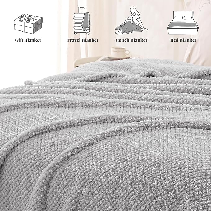 Whale Flotilla Twin Size Fuzzy Fleece Blanket for Bed, 60x80 Inch Fluffy Warm Soft Jacquard Blankets for All Season, Lightweight and Cozy, Light Grey