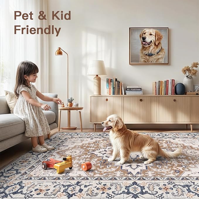 Lofus 6ft Area Rugs for Living Room, Washable Area Rug, Rugs for Bedroom, Kitchen, Vintage Boho Carpet, Soft Non-Slip, Low Pile Large Area Rug for Office Dining Room, Floral Brown