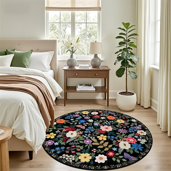 Round Area Rug for Living Room: 4 ft Floral Washable Circle Rug Soft Boho Non-Slip Carpet Indoor Stain Resistant Low Pile Small Circular Rug for Bedroom Entryway Kitchen Nursery Home Office Black