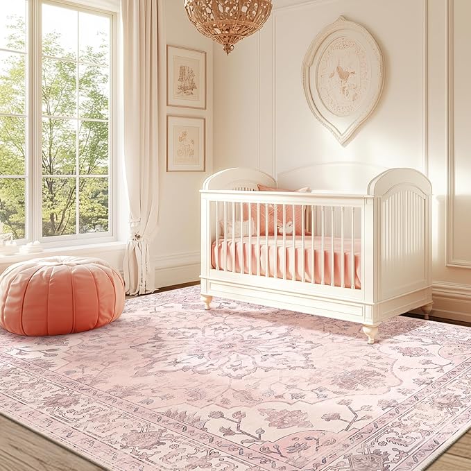 RELEANY Area Rugs 6'x8' Washable Non-Slip, Floral Vintage Distress Print Pattern Medallion Carpet for Living Room Bedroom Dining Room, Pink Greypink Cute