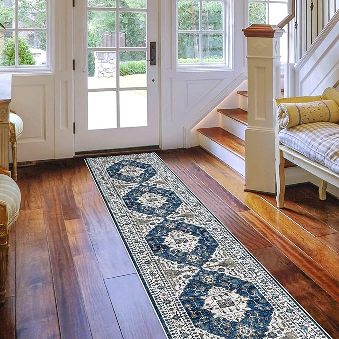 Hallway Washable Runner Rug - 2x10 Kitchen Rugs Entryway Rug Runner Vintage Soft Floor Mat Non Slip Indoor Farmhouse Carpet for Bathroom Living Room Bedroom (2 X 10, Blue)