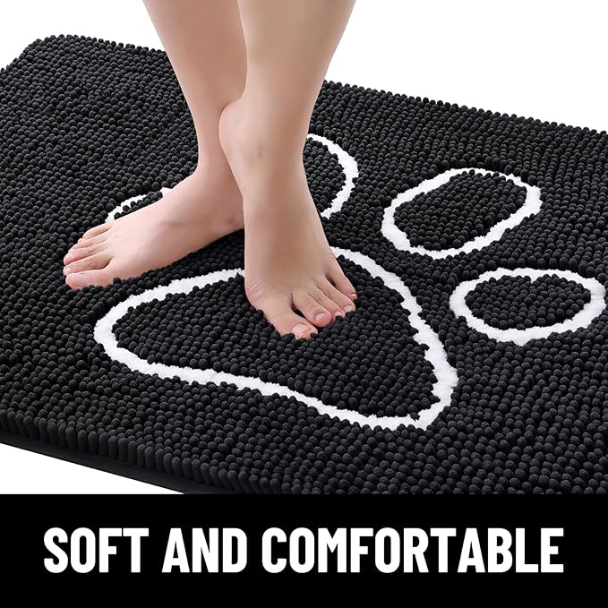 Smiry Dog Door Mat for Muddy Paws, Absorbent Dirt Trapper Non Slip Quick Dry Washable Chenille Mat for Mud Dogs, Entry Rug for Indoor and Outdoor (24x16 Inches, Black and White)