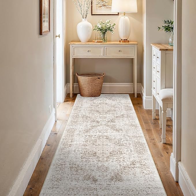 3x6 Washable Hallway Runner Rug - Non Slip Kitchen Runner Rugs with Rubber Backing Vintage Low-Pile Carpet Runners for Entryway Dining Room Laundry Room Home Decor (Cream/Camel)