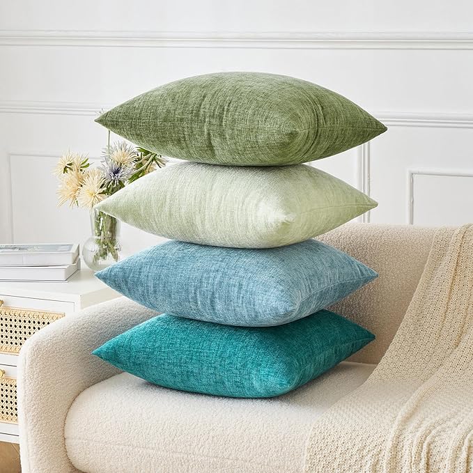 MIULEE Pack of 2 Couch Throw Pillow Covers 24x24 Inch Spring Soft Sage Green Chenille Pillow Covers for Sofa Living Room Solid Dyed Pillow Cases