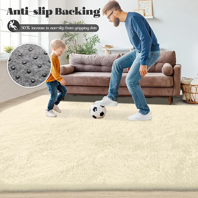 Circle Rug for Bedroom: 4FT Cream White Round Fluffy Shag Soft Washable Rugs Small Fuzzy Plush Indoor Carpet for Teen Kids Girls Boys Nursery Preppy Dorm Classroom (Cream White, 4'x6')