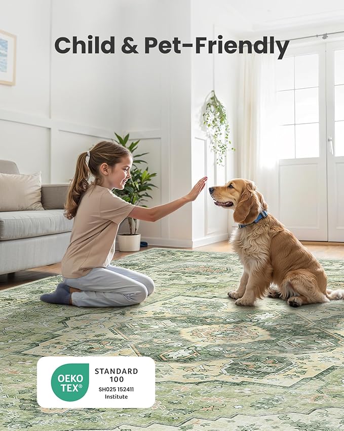 AMADA HOMEFURNISHING 8x10 Area Rug, Washable Low-Profile Large Area Rug with Non-Slip Backing & Durable Edge Binding, Vintage Large Rugs for Living Room, Bedroom