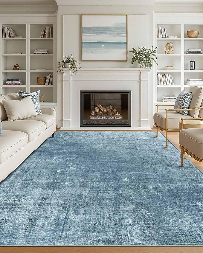 Latte&Fog 9x12 Area Rug for Living Room, Extra Large Blue Modern Abstract Washable Rugs, Boho Non Slip Low Pile Carpet for Indoor Bedroom Dining Room, Office, Dorm, Classroom and Farmhouse - Blue