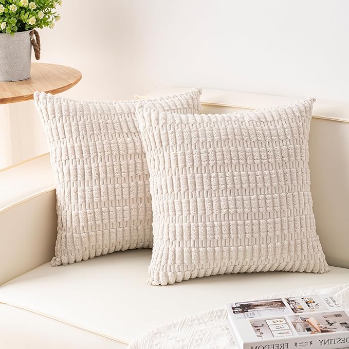 Pack of 2 Corduroy Decorative Throw Pillow Covers 24x24 InchSoft Striped Pillow Covers Modern Farmhouse Home Decor for Sofa Living Room Couch Bed（Cream White）