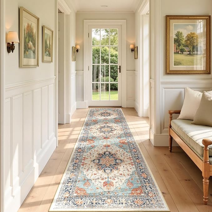 Area Rugs 3'x9' Runner Rug Non Slip Washable for Kitchen Hallway Bedroom Beside Laundry Room Bathroom Rug, Floor Carpet, Beige Navy Blue Orange Colorful