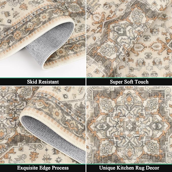 HEBE Boho Kitchen Rug Sets 3 Piece with Runner Non Slip Kitchen Rugs and Mats Washable Kitchen Mats for Floor Thick Kitchen Floor Mat Carpet Runner Rugs for Hallway Laundry Holiday Decor