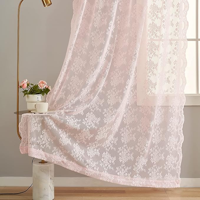 YJ YANJUN Vintage Lace Curtains 96 Inches Long 2 Panels Set Elegant Chic Floral Pink Sheer Curtain Panles for Girls Baby Living Room Bedroom Girly Preppy Room Decor Light Filtering 52" W x 96" L
