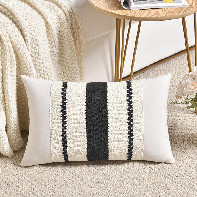 Fancy Homi Set of 1 Boho Black Long Lumbar Decorative Throw Pillow Cover 14x24 Inch for Couch Bed Sofa Chair, Modern Organic Farmhouse Home Decor, Soft Cotton Cute Accent Rectangle Cushion Case