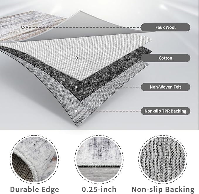 3x6 Washable Runner Rug for Family: Easy-to-Clean Runners for Hallway Entryway Kitchen Bedroom - Stain and Water Resistant Rugs with Non-Slip Backing - Soft Low-Pile Carpet Beige Grey