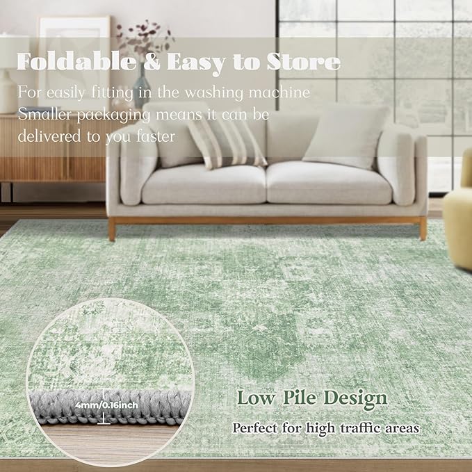 Area Rug 9x12 Washable Rug, Vintage Boho Medallion Rugs Non-Slip Soft Low Pile Large Distressed Rug Indoor Retro Carpet for Living Room Bedroom Dining Room Home Office (SageGreen, 9'x12')