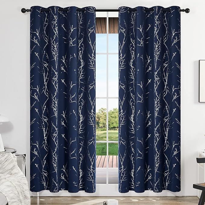 Deconovo Blackout Curtains, Navy Blue Curtain, Thermal Insulated Soundproof Drapes, Branch Silver Print, 52 x 95 Inch Long, Machine Washable Grommet Panels for Bedroom Living Room Office, Set of 2