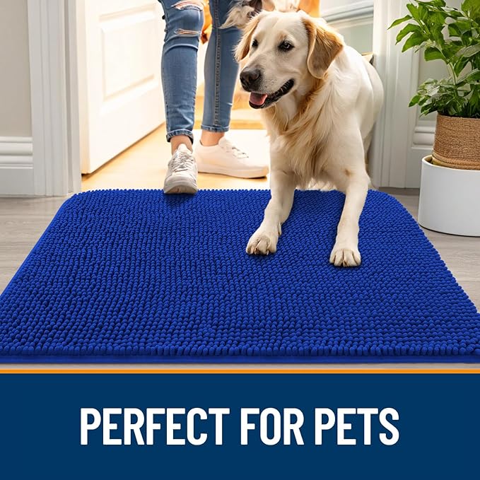 OLANLY Dog Door Mat for Muddy Paws 44x32, Absorbs Moisture and Dirt, Absorbent Non-Slip Washable Doormat, Quick Dry Chenille Mud Mat for Dogs, Entry Indoor Entryway Carpet for Inside Floor, Royal Blue