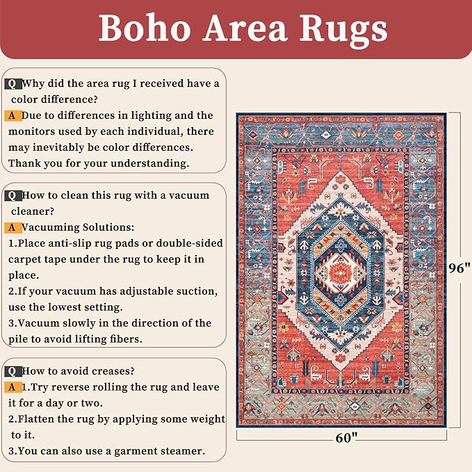SERISSA 5x8 Area Rugs for Living Room, Large Washable Non-Slip Boho Rug, Ultra Soft Vintage Rust Oriental Tribal Print Distressed Carpet for Bedroom Dining Room Dorm Office Home Decor