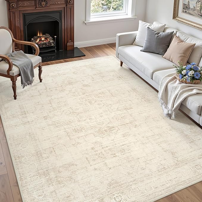 6x9 Area Rugs for Living Room: Vintage Boho Neutral Washable Rug Indoor Soft Large Area Rug Carpet for Bedroom Nursery Farmhouse Dining Room Office Floor Non-Slip Low Pile Under Table Rug Dark Beige