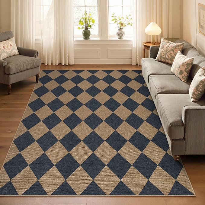 Lahome Colette Checkered Easy Jute Washable Rug, 5x7 Area Rugs for Living Room Nature Large Dining Room Carpet, Farmhouse Geometric Non Slip Indoor Outdoor Carpet for Office Bedroom Backyard Patio