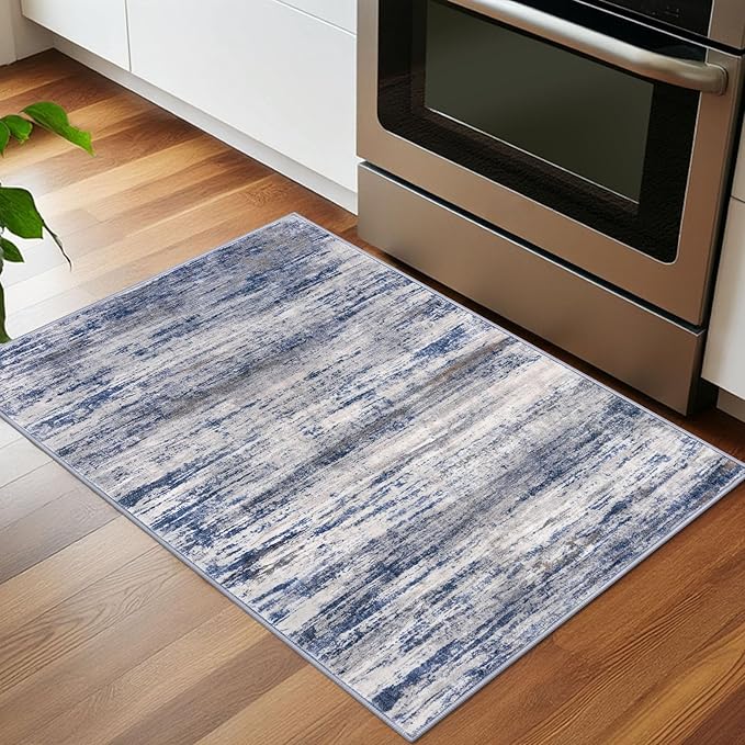 KOZYFLY Modern Abstract Rugs for Entryway 2x3, Washable Kitchen Rug Non-Slip Soft Small Area Rug, Grey-Blue Striped Throw Rugs Faux Wool Doormat for Bedside Entrance Bathroom Sink
