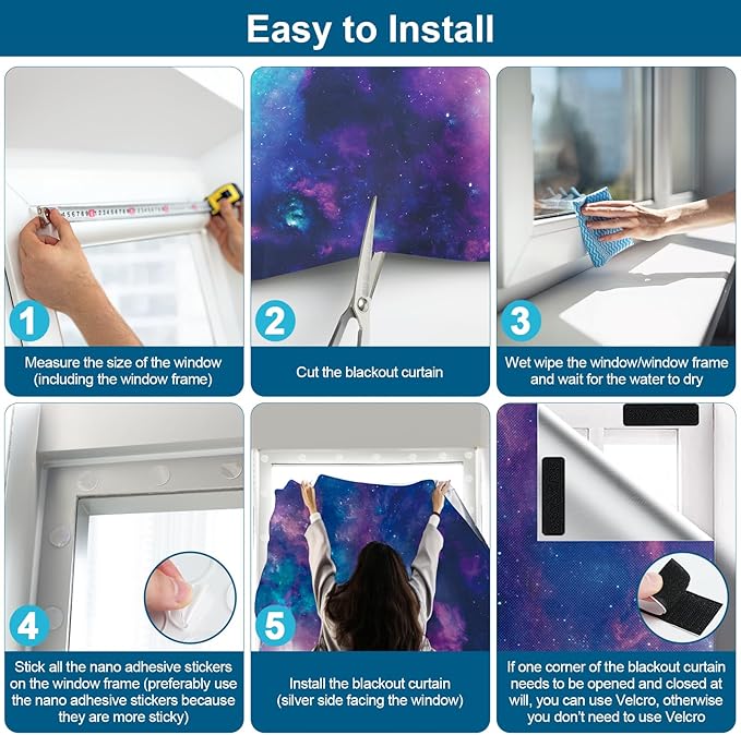 100% Blackout Curtains for Bedroom, Portable DIY Window Blinds, No Drill Window Shades & Blackout Blinds with Stickers & Tabs for Travel, Dorm Room, Media Room (Starry Sky, 79" x 57")