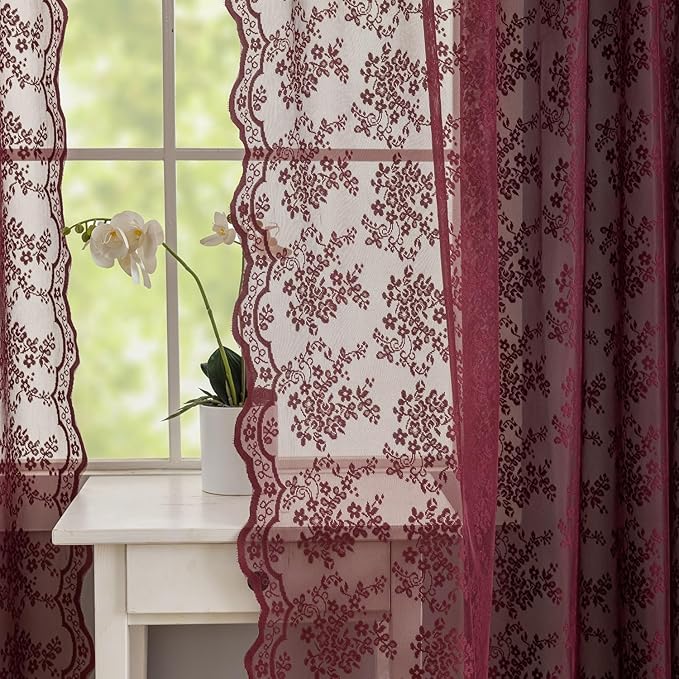 YJ YANJUN Vintage Lace Curtains 72 Inch Length -Dark Maroon Curtains for Bedroom Retro Floral Voile Sheer Panels with Scalloped Edge Rod Pocket Privacy Farmhouse 60s 70s Decor Burgundy W52 X L72