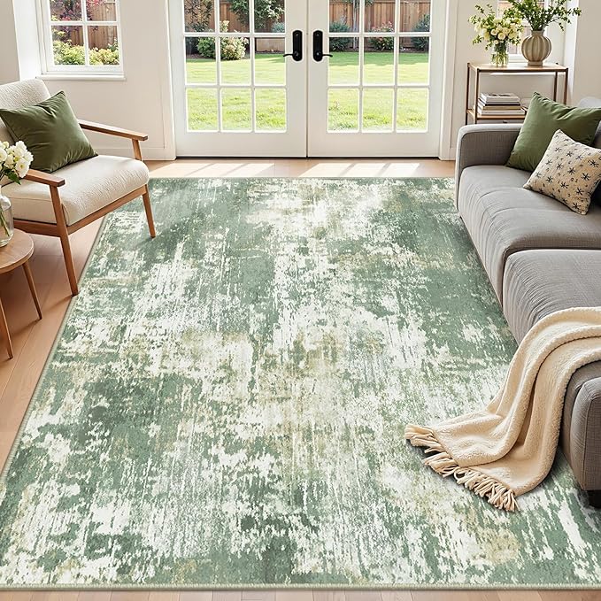 Washable Area Rugs 5'x8' Non-Slip Modern Abstract Soft for Living Room Entryway Bedroom Nursery, Print Pattern, Light Green/Yellow