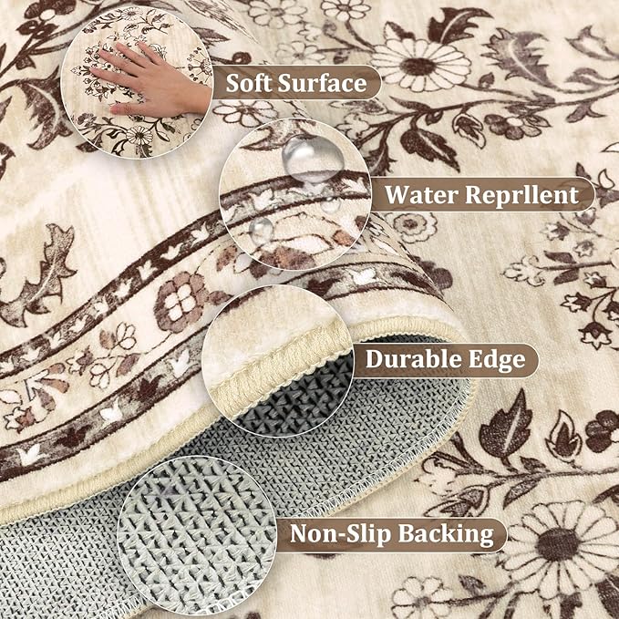 Yamaziot Washable Runner Rug 2x8 – Non Slip Boho Floral Hallway Runner Rug with Rubber Backing, Low Pile Faux Wool Distressed Carpet for Kitchen, Laundry, Bedroom, Entrance, Brown