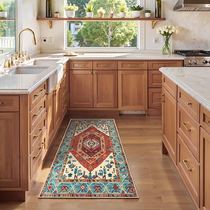 SERISSA 2x4 Boho Rugs for Entryway, Washable Non-Slip Kitchen Runner Rug, Ultra Soft Small Area Rug Vintage Orange Low-Pile Door Mat Indoor Entrance Carpet for Bedroom Hallway Laundry Room Bathroom